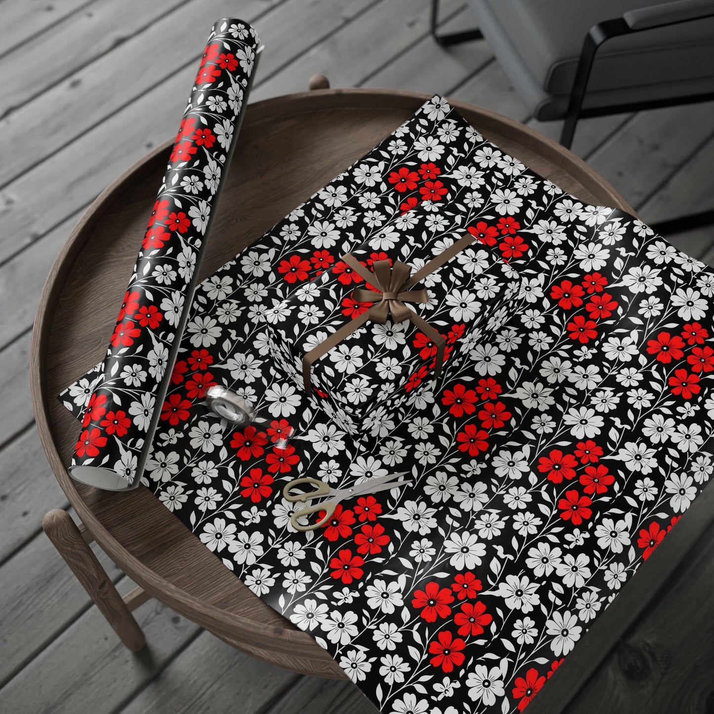 Gift Wrap Paper - Black and White Flowers with a Touch of Red