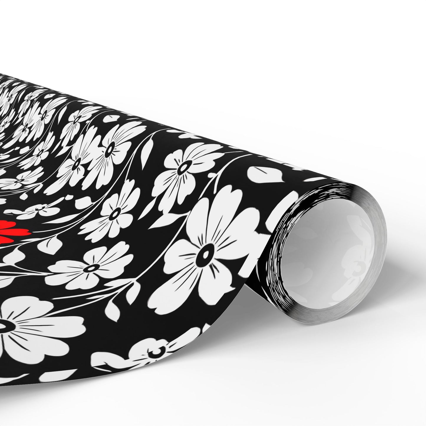 Gift Wrap Paper - Black and White Flowers with a Touch of Red
