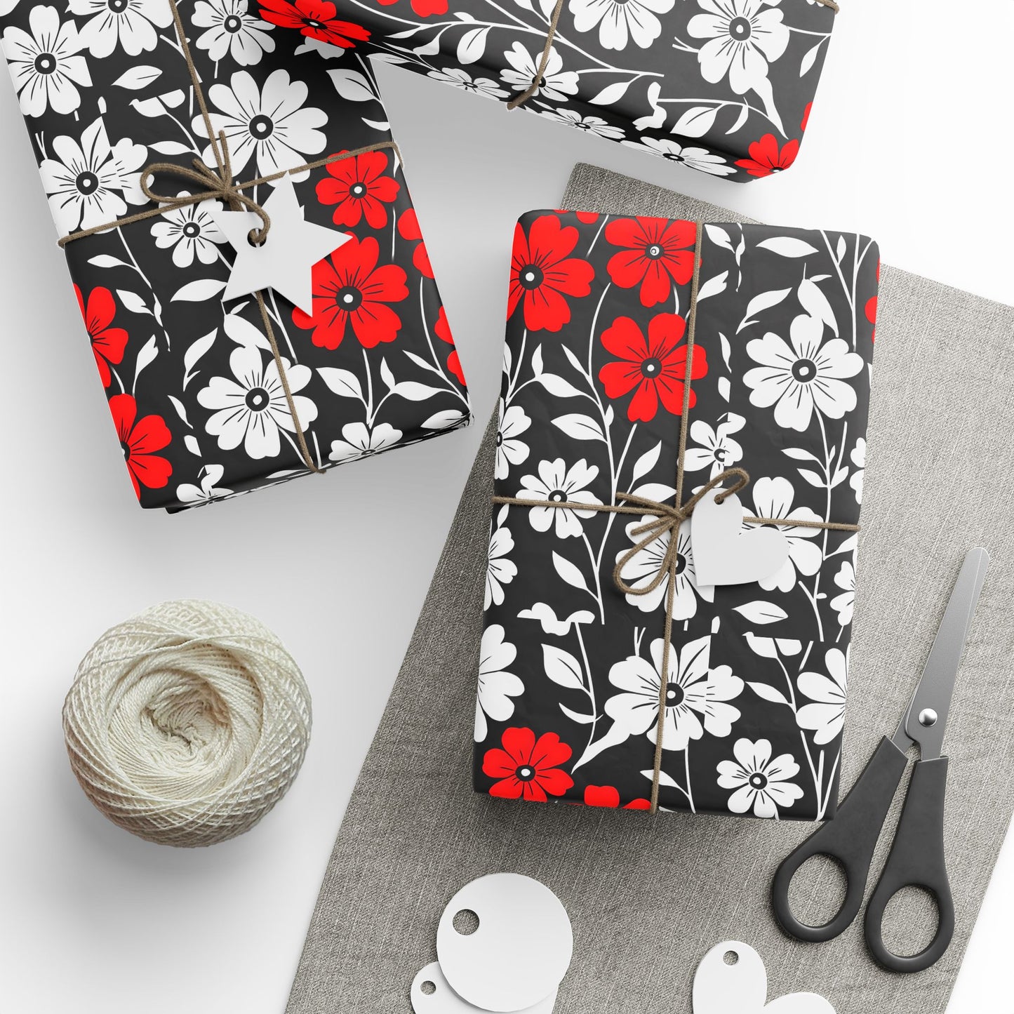Gift Wrap Paper - Black and White Flowers with a Touch of Red