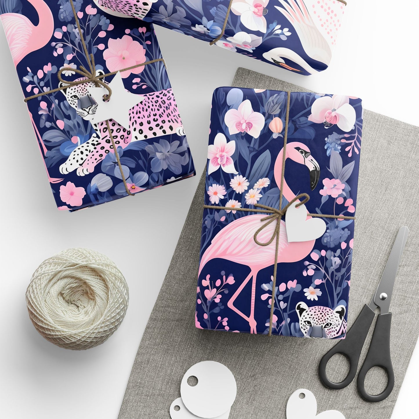 Elegant swan, leopard and flamingo wrapping paper
