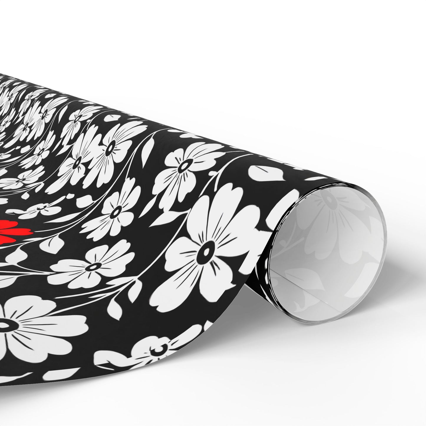 Gift Wrap Paper - Black and White Flowers with a Touch of Red