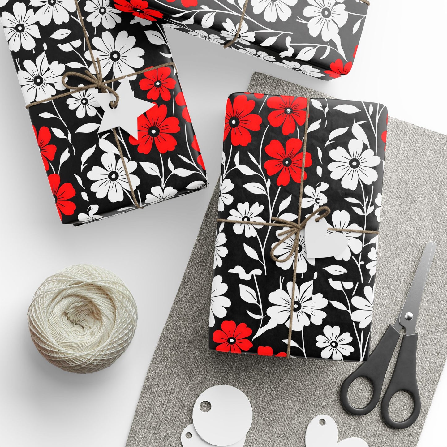 Gift Wrap Paper - Black and White Flowers with a Touch of Red