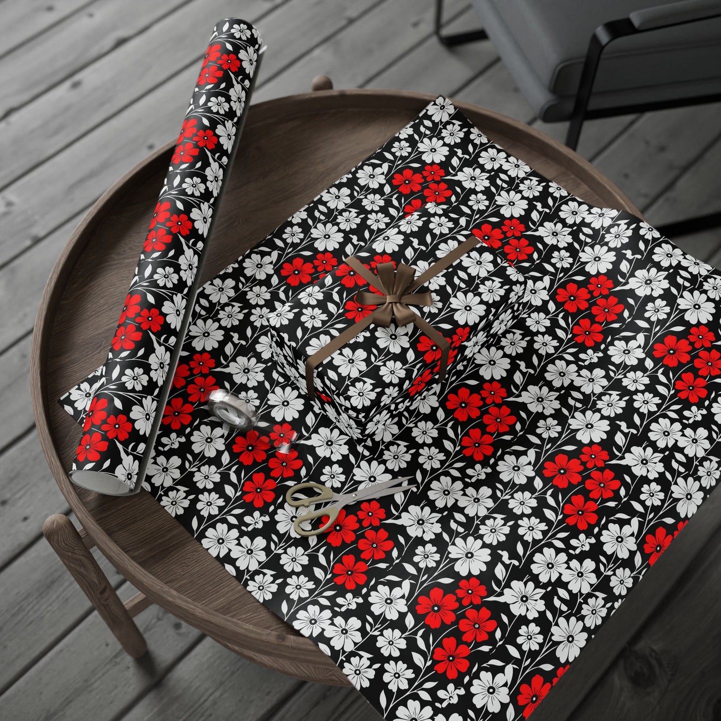 Gift Wrap Paper - Black and White Flowers with a Touch of Red