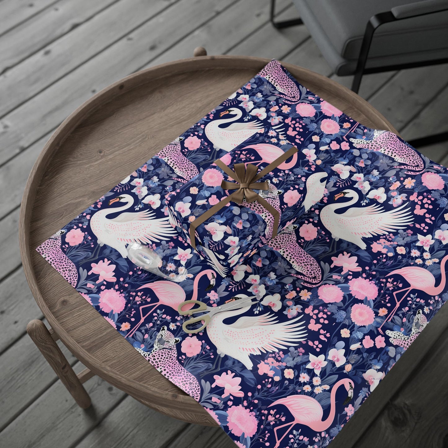 Elegant swan, leopard and flamingo wrapping paper