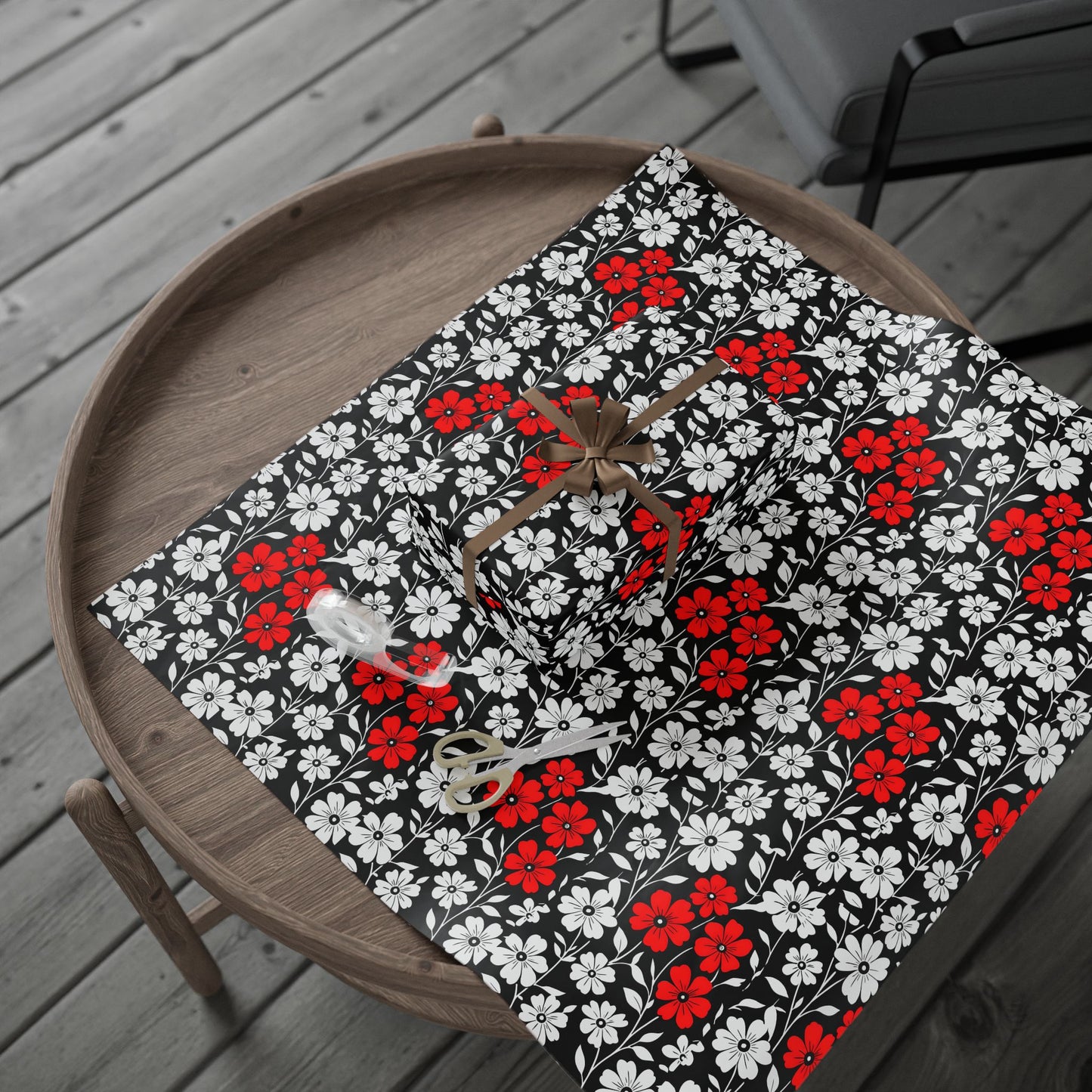Gift Wrap Paper - Black and White Flowers with a Touch of Red