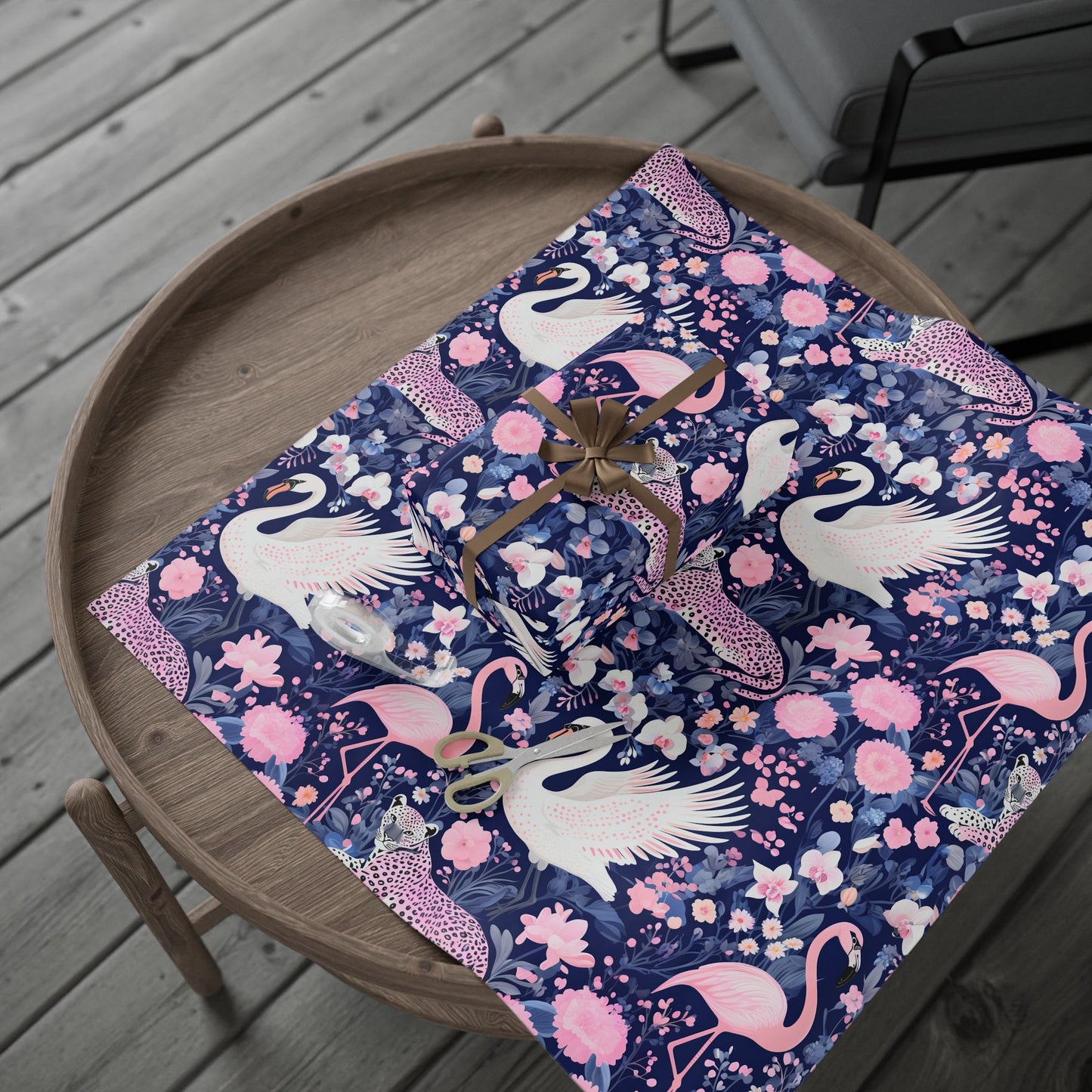 Elegant swan, leopard and flamingo wrapping paper