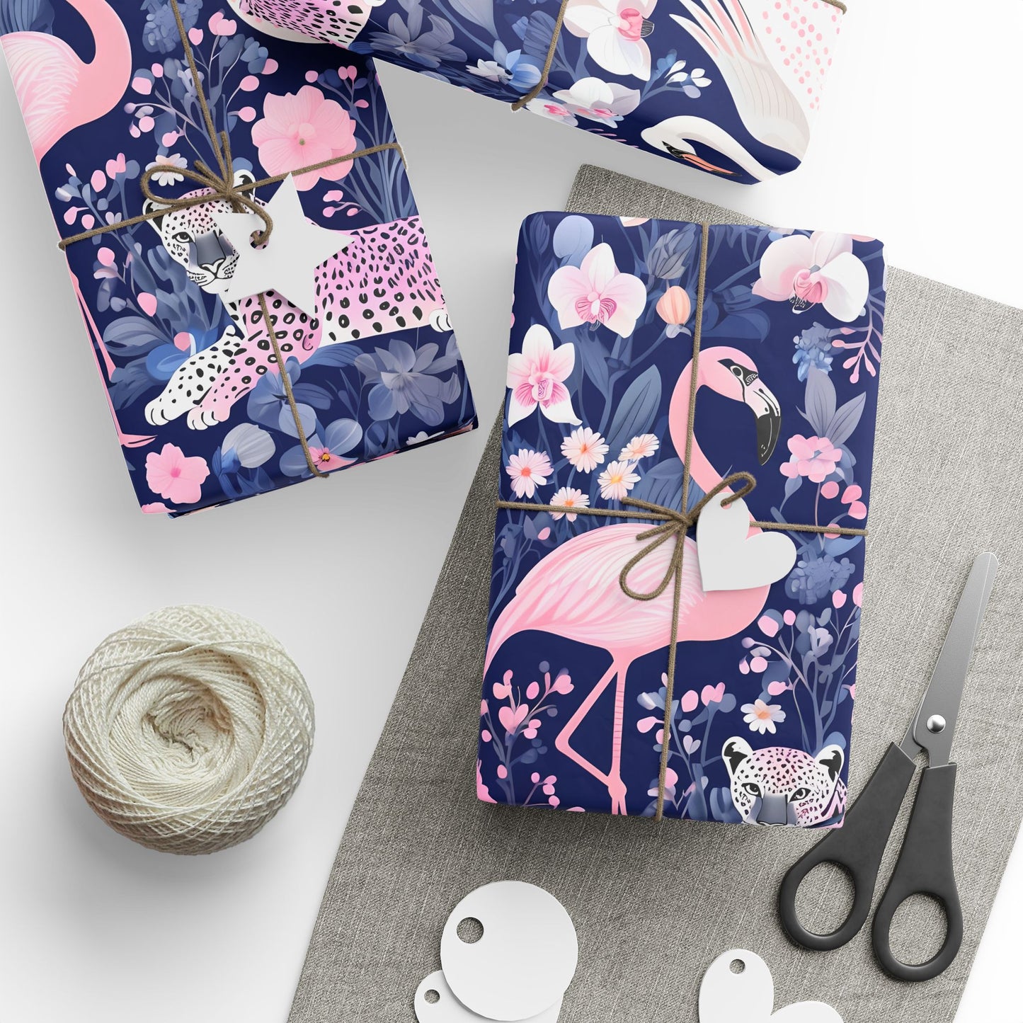 Elegant swan, leopard and flamingo wrapping paper