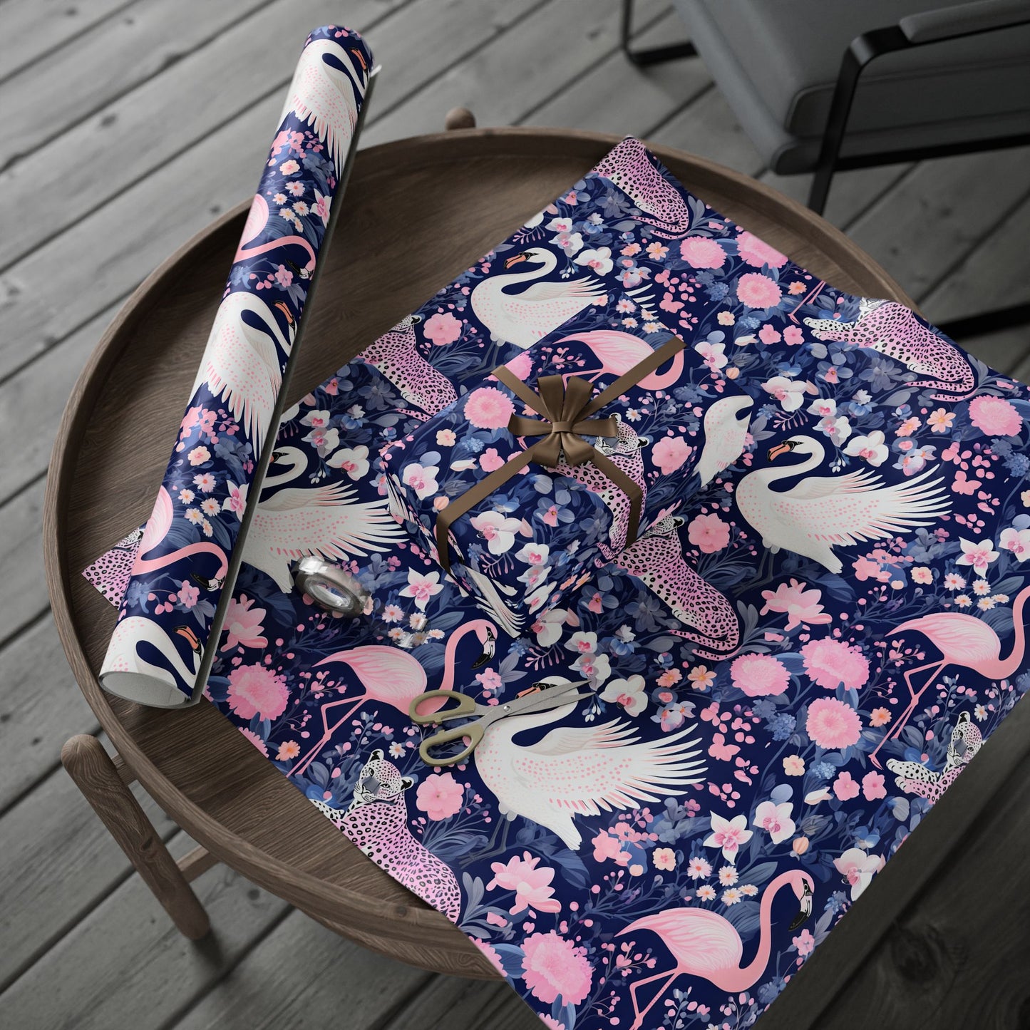 Elegant swan, leopard and flamingo wrapping paper