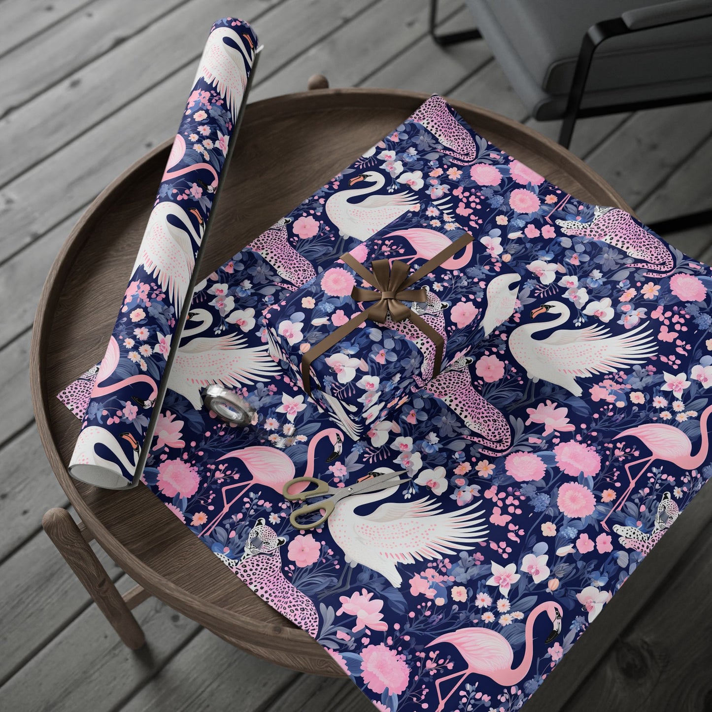 Elegant swan, leopard and flamingo wrapping paper