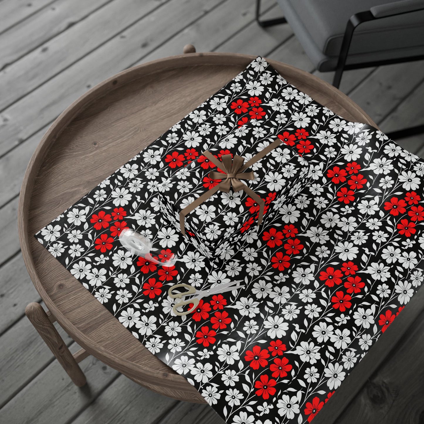 Gift Wrap Paper - Black and White Flowers with a Touch of Red