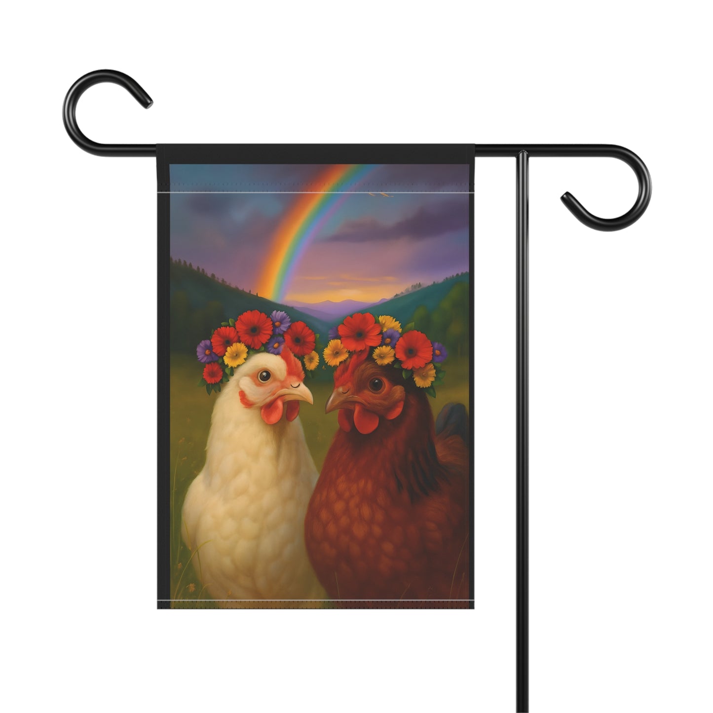 Banner - Chickens with Flower Crowns and Rainbow Design