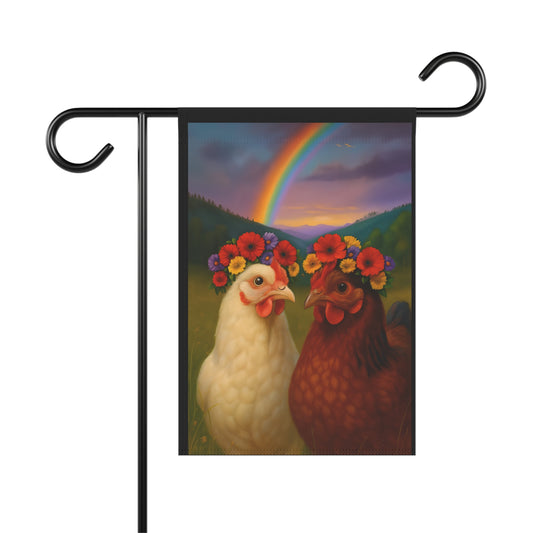 Banner - Chickens with Flower Crowns and Rainbow Design