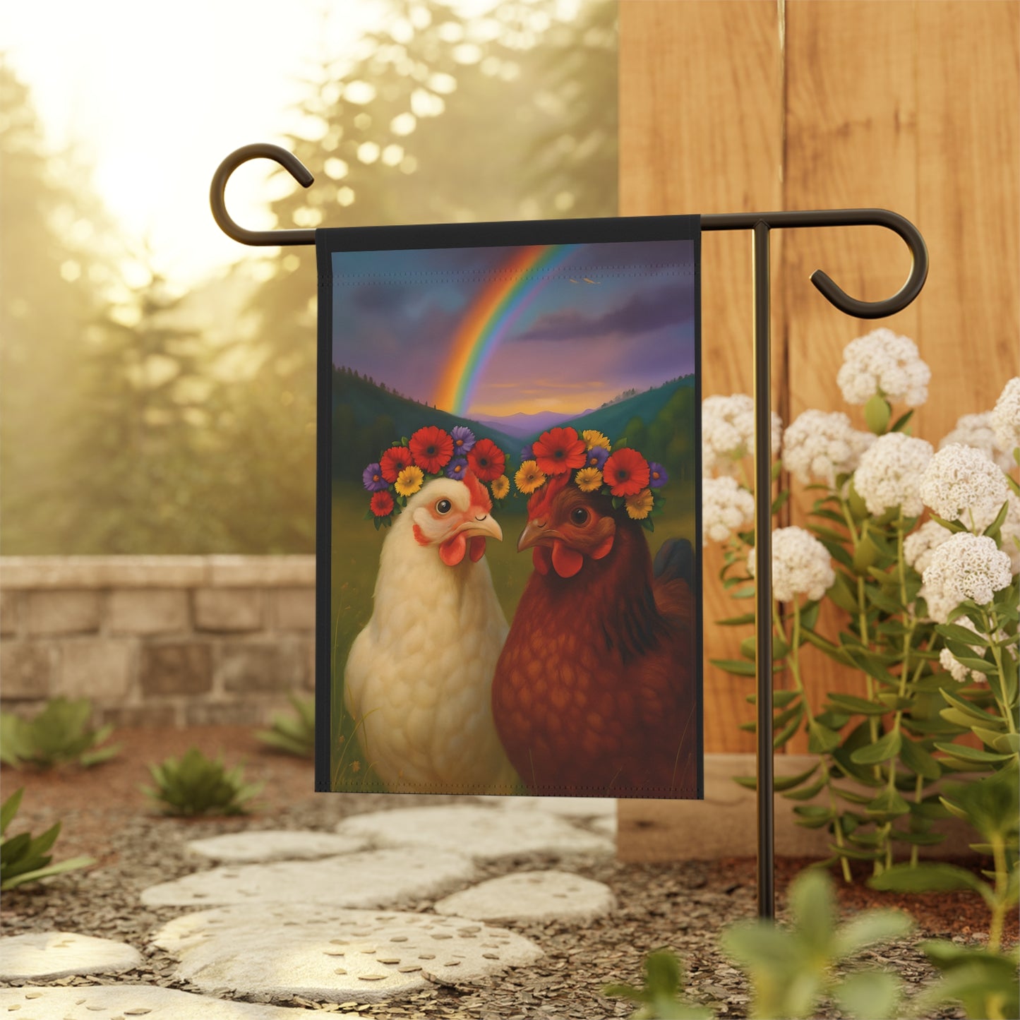Banner - Chickens with Flower Crowns and Rainbow Design