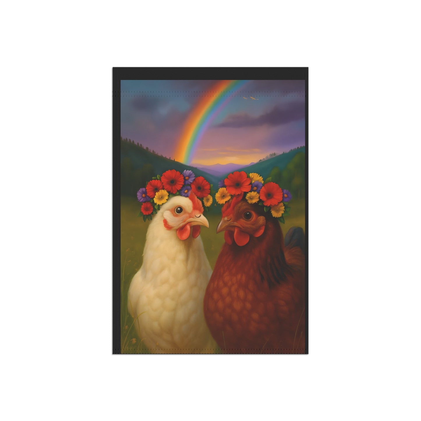 Banner - Chickens with Flower Crowns and Rainbow Design