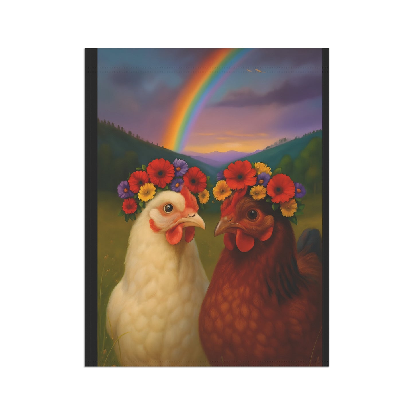 Banner - Chickens with Flower Crowns and Rainbow Design