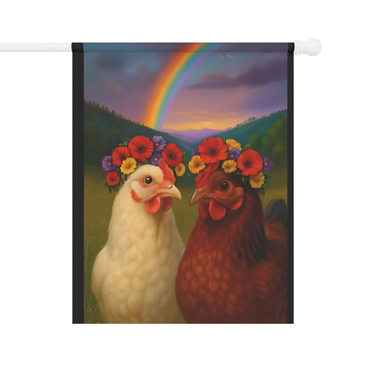 Banner - Chickens with Flower Crowns and Rainbow Design