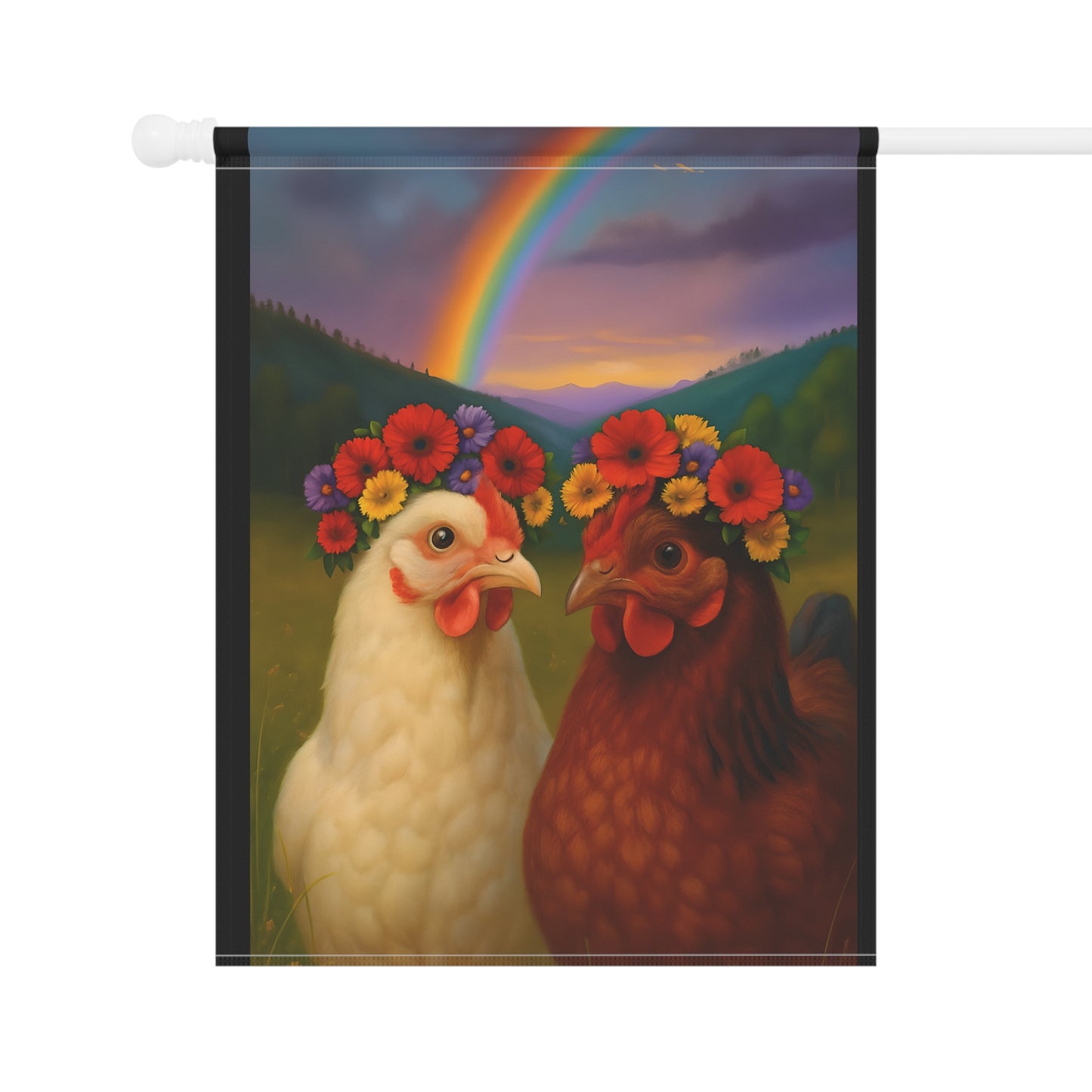 Banner - Chickens with Flower Crowns and Rainbow Design
