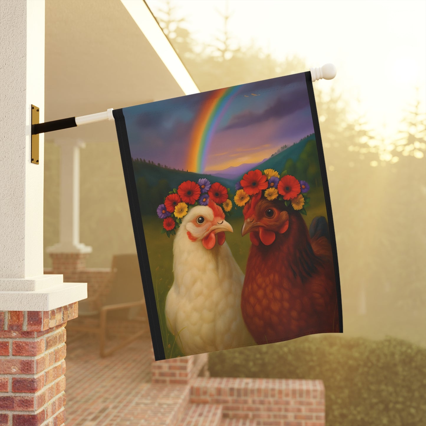 Banner - Chickens with Flower Crowns and Rainbow Design